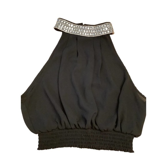 TRENDE BLACK CREPE CUT AWAY “DIAMOND” CHOKER COLLAR CROP TOP M NWOT - Picture 1 of 10